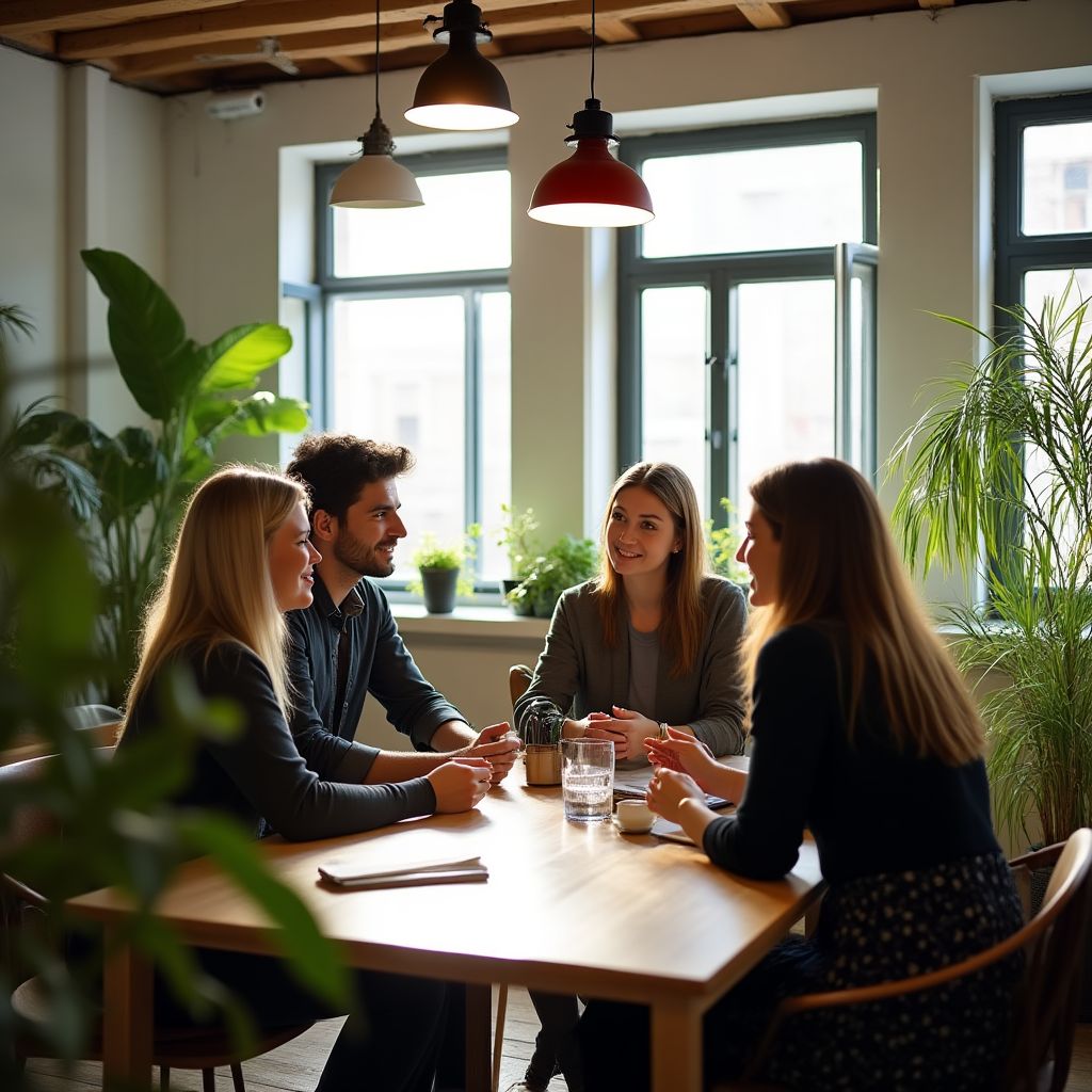Un equipo creativo colaborando en un espacio de trabajo de estilo industrial en Barcelona.