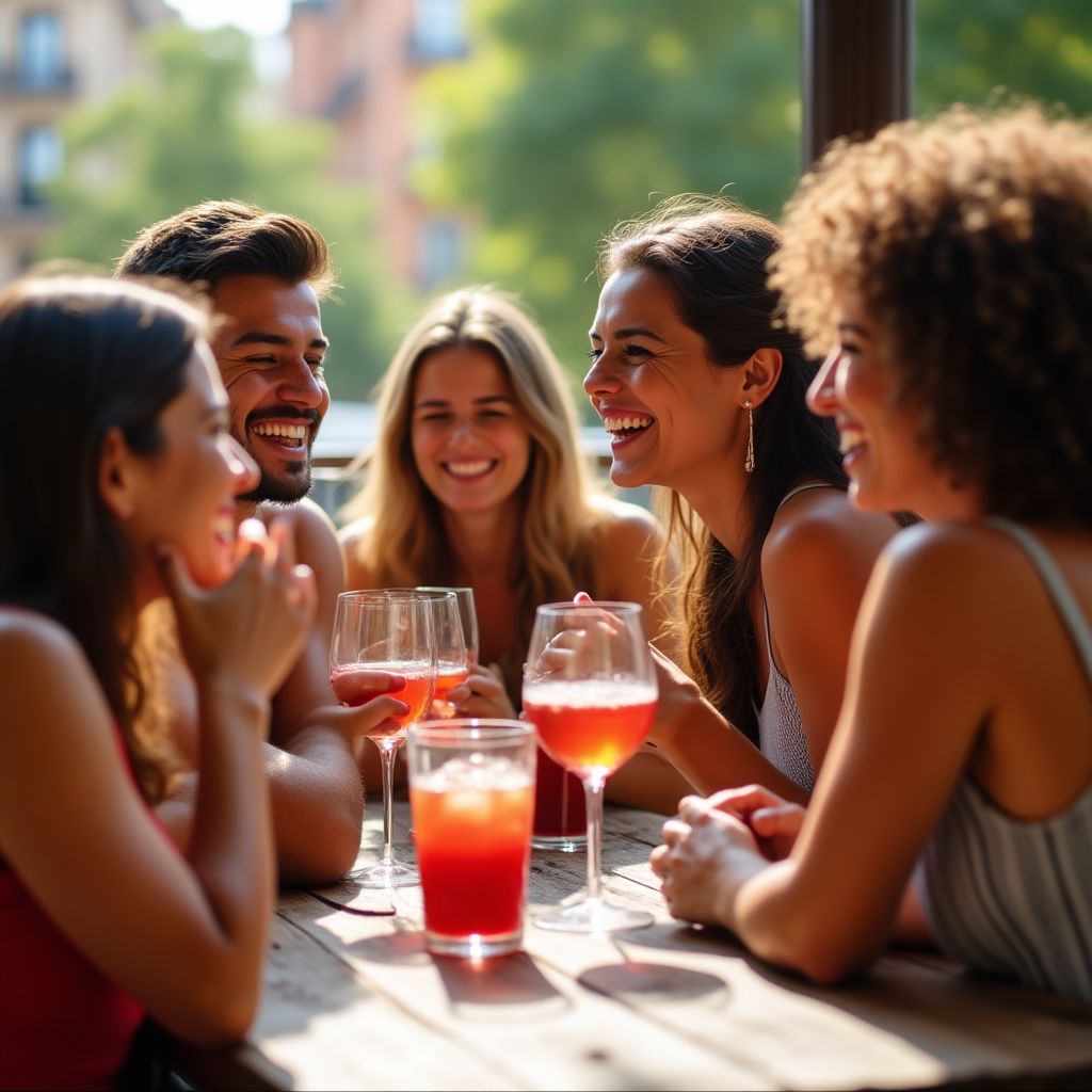 Jóvenes disfrutando de un vermut en una terraza de Barcelona.