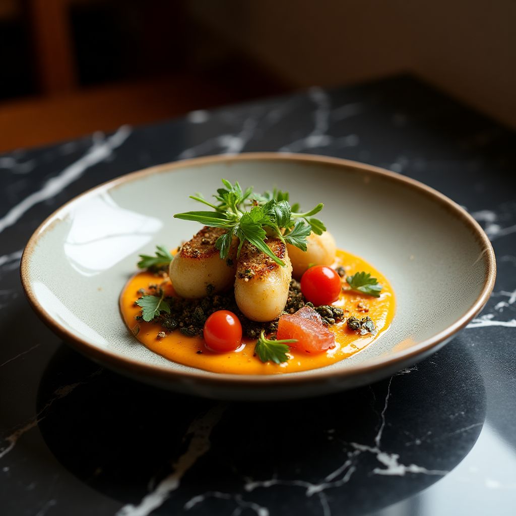 Plato de fusión gastronómica servido en un moderno restaurante de Barcelona.