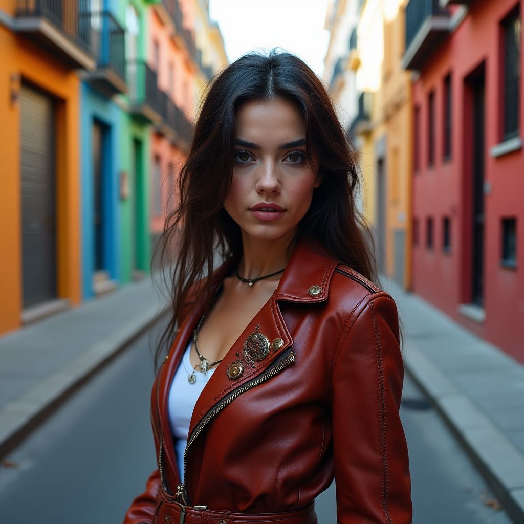 Modelo con ropa de diseñador emergente en el barrio de Malasaña, Madrid.