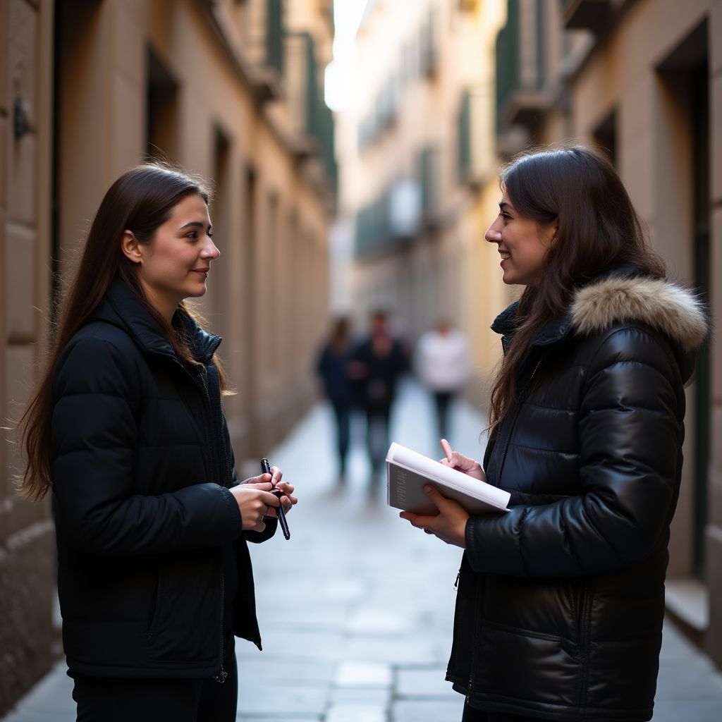 Investigador entrevistando a una joven con estilo en una calle de Barcelona.
